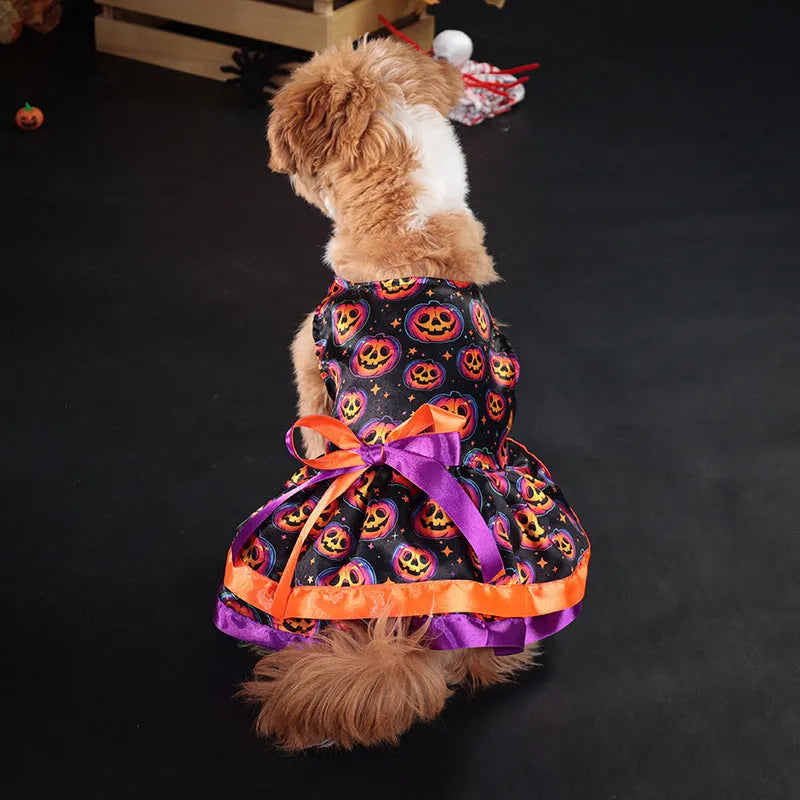 Halloween dog skirt costume with colourful pumpkin pattern and double-layer design