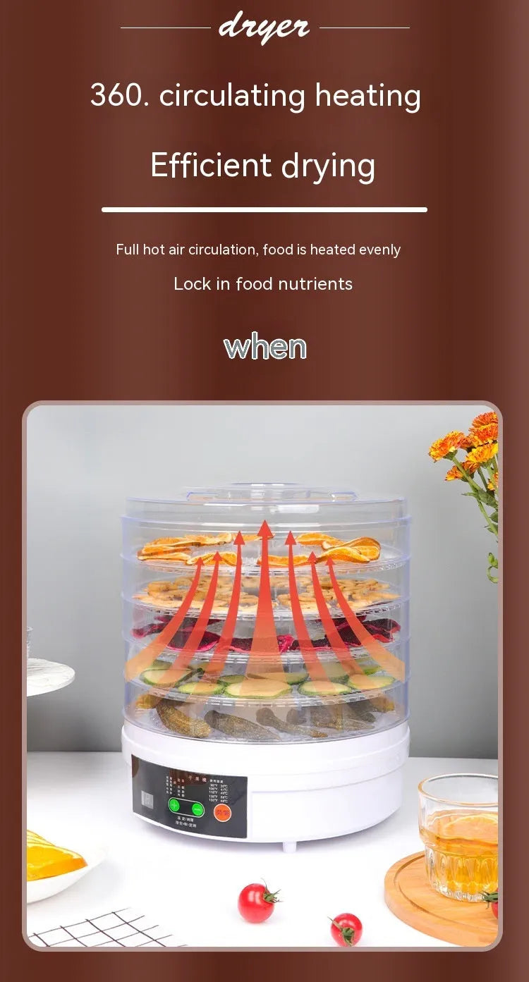 White five-tray food dehydrator with UK plug on kitchen countertop