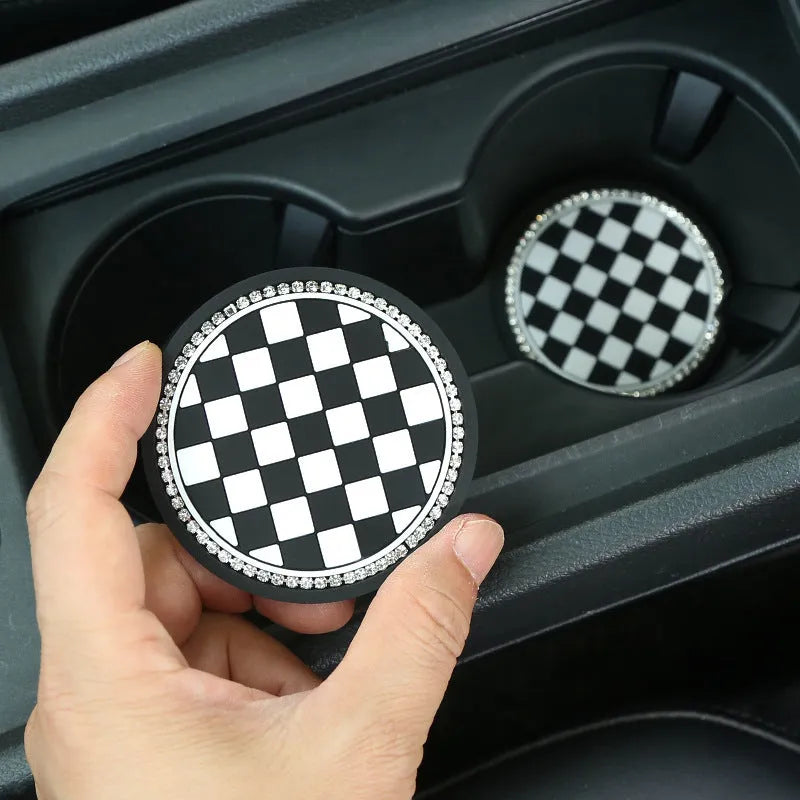 Black and white checkerboard PVC car cup holder insert mat for centre console