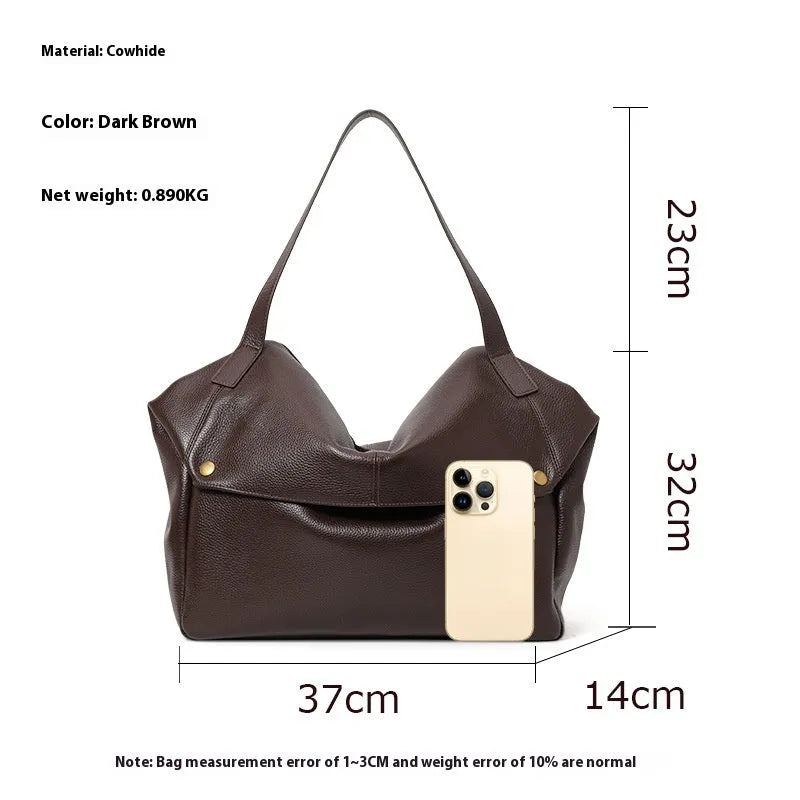 Brown genuine leather women's shoulder bag with horizontal square shape and shoulder strap