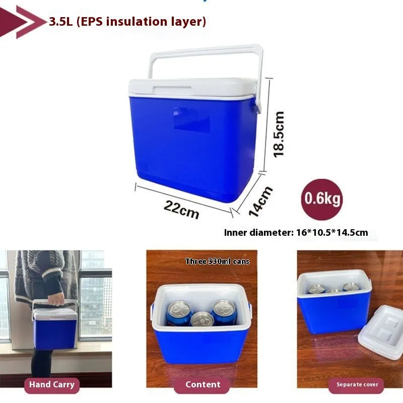Blue portable insulated cooler bag with aluminium foil interior, shown in multiple size options.