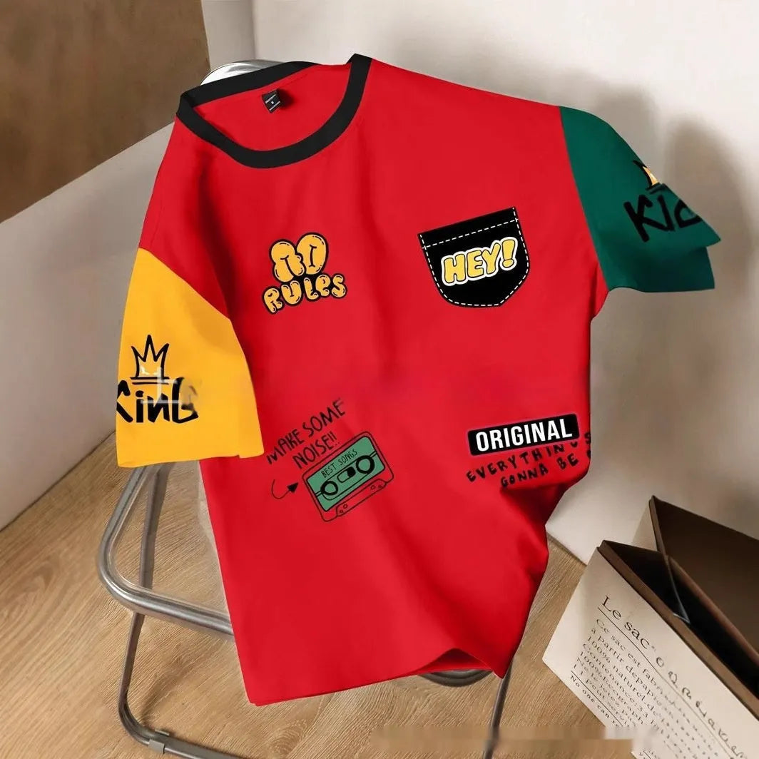 Men's printed casual T-shirt with letters pattern design and trendy colour matching