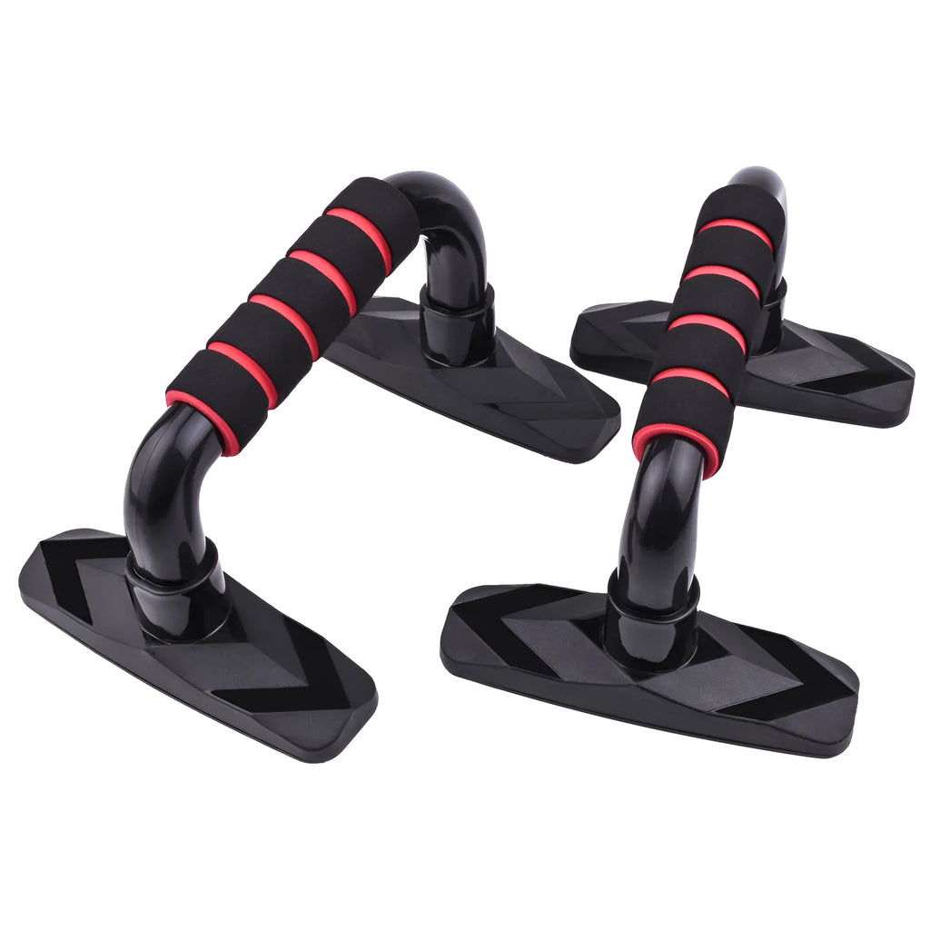 Pair of I-shaped push up bars with blue PP sponge grips on a floor.