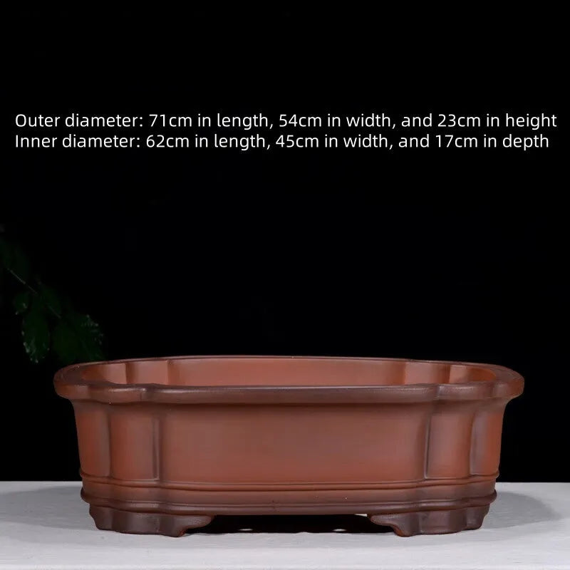 Large antique-coloured Chinese style purple clay flower pot showing dimensions.