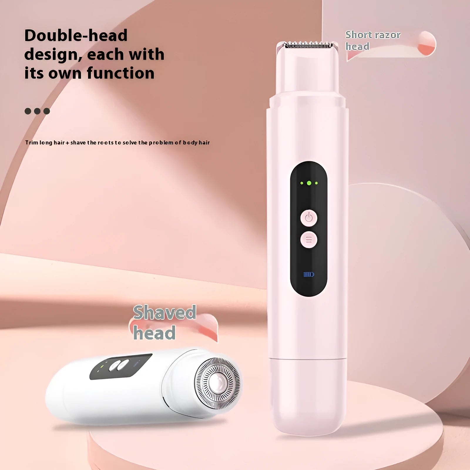 Pink and white portable electric body hair trimmer depilator with USB charging cable on a plain background.