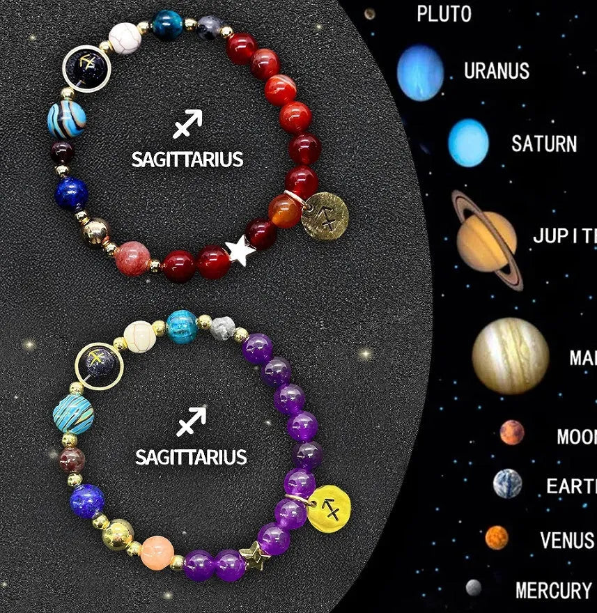 Natural stone beaded zodiac bracelet set showing twelve astrology constellation designs with adjustable cord