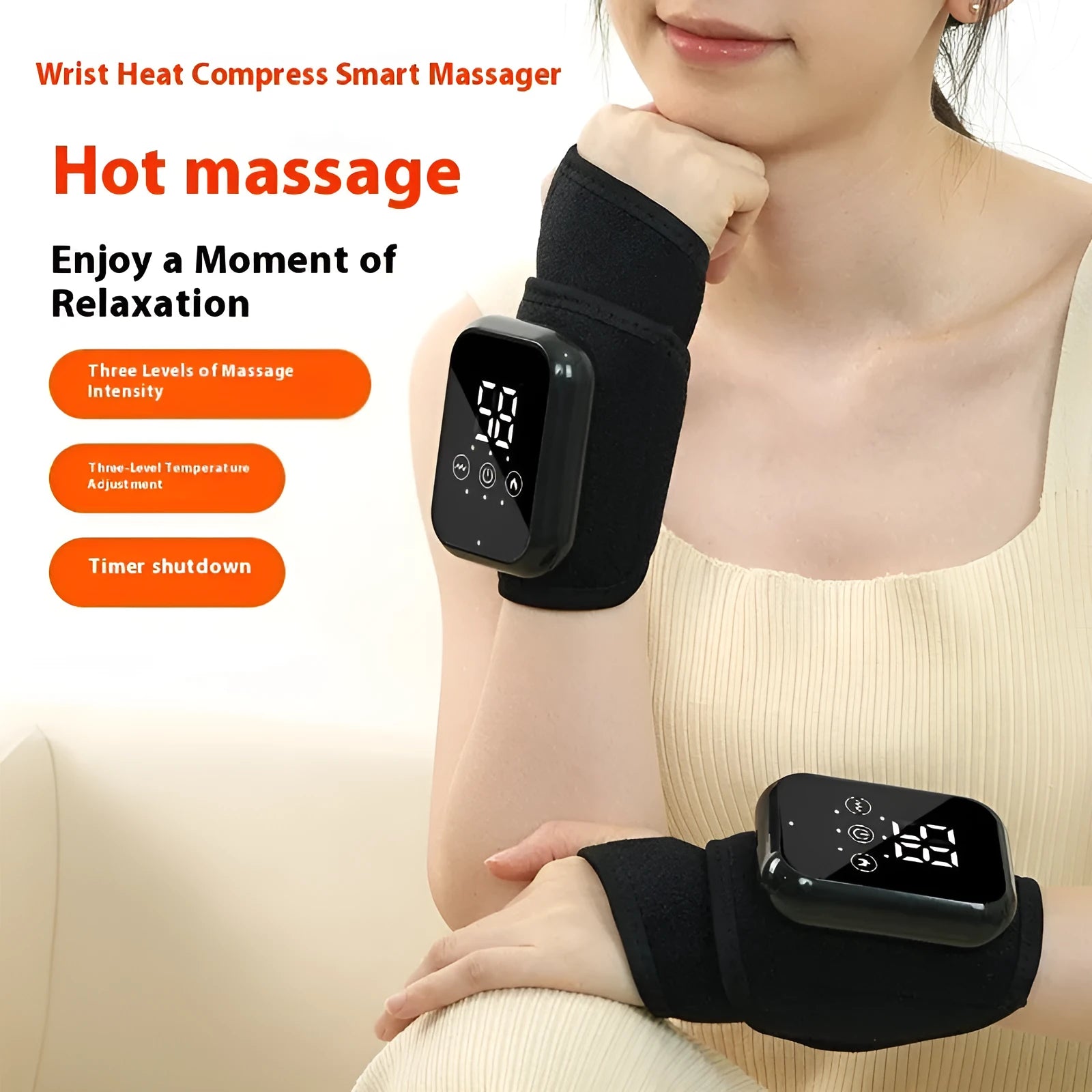 Black electric heating ankle sleeve wrapped around ankle showing elastic construction
