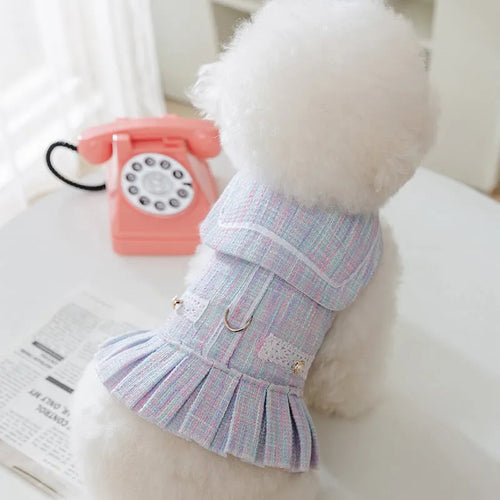 Salem purple polyester pet clothing for a small dog on a size chart showing S, M, L, XL.