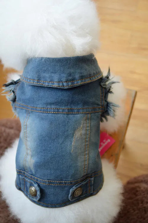 Denim dog vest with retro scratch pattern in dark and light colours for small breed dogs