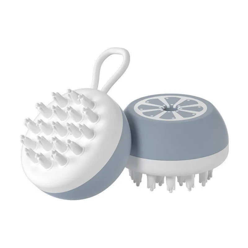 Pet grooming brush with 2-in-1 design showing massage head and comb teeth in soft silicone construction