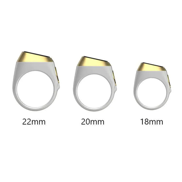 Zikr1 smart ring showing OLED display with time and count, metal body, on a finger.