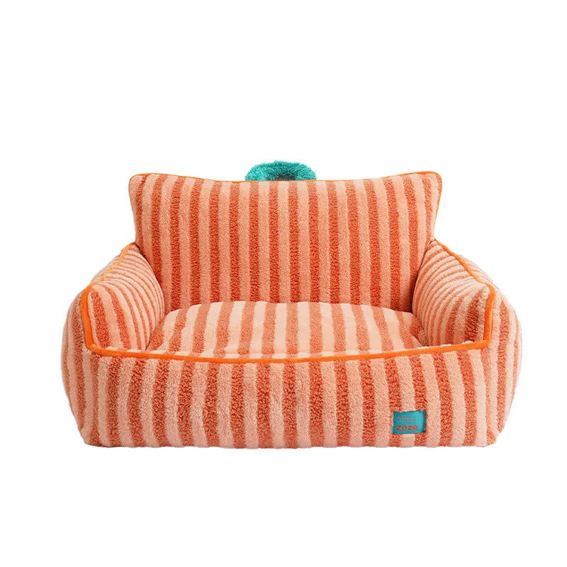 Striped plush dog bed in yellow, orange or purple colours with removable washable design