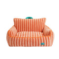 Striped plush dog bed in yellow, orange or purple colours with removable washable design