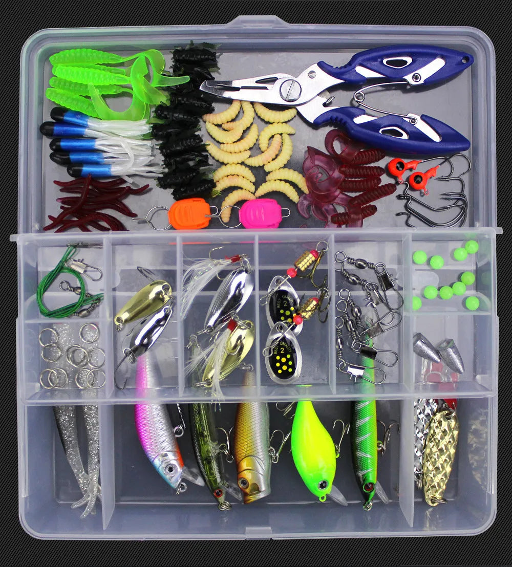 Junior fishing lure suit set in PP plastic storage box with multiple artificial baits