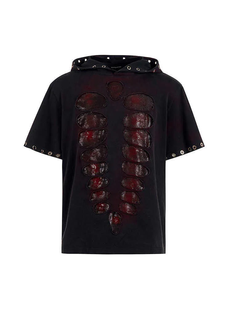 Black men's loose-fit hooded T-shirt with short sleeves and sequin decoration