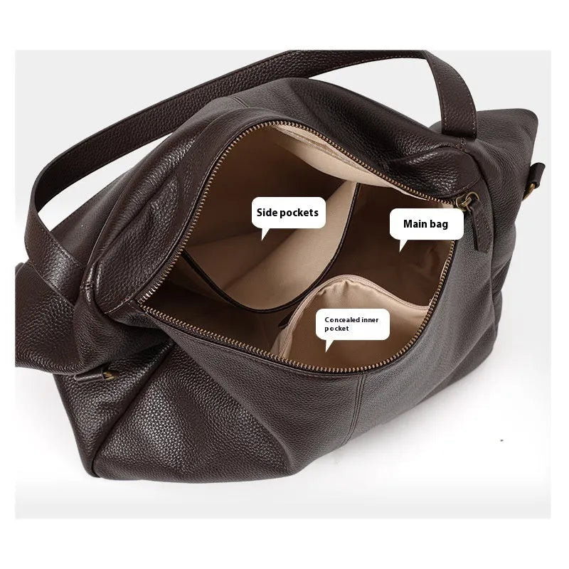 Brown genuine leather women's shoulder bag with horizontal square shape and shoulder strap