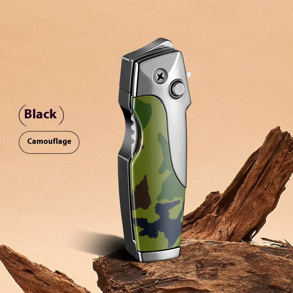 Zinc alloy folding lighter tool with integrated knife in a black wood grain finish.
