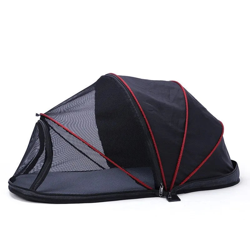 A portable folding cloth tent for cats with half-mesh side panels, shown in blue half-mesh specification.