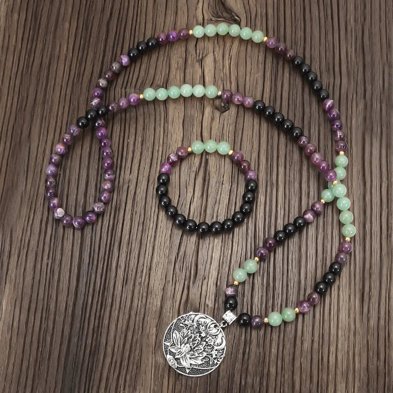 Yoga lotus pendant necklace and matching bracelet set with stone beads and adjustable length