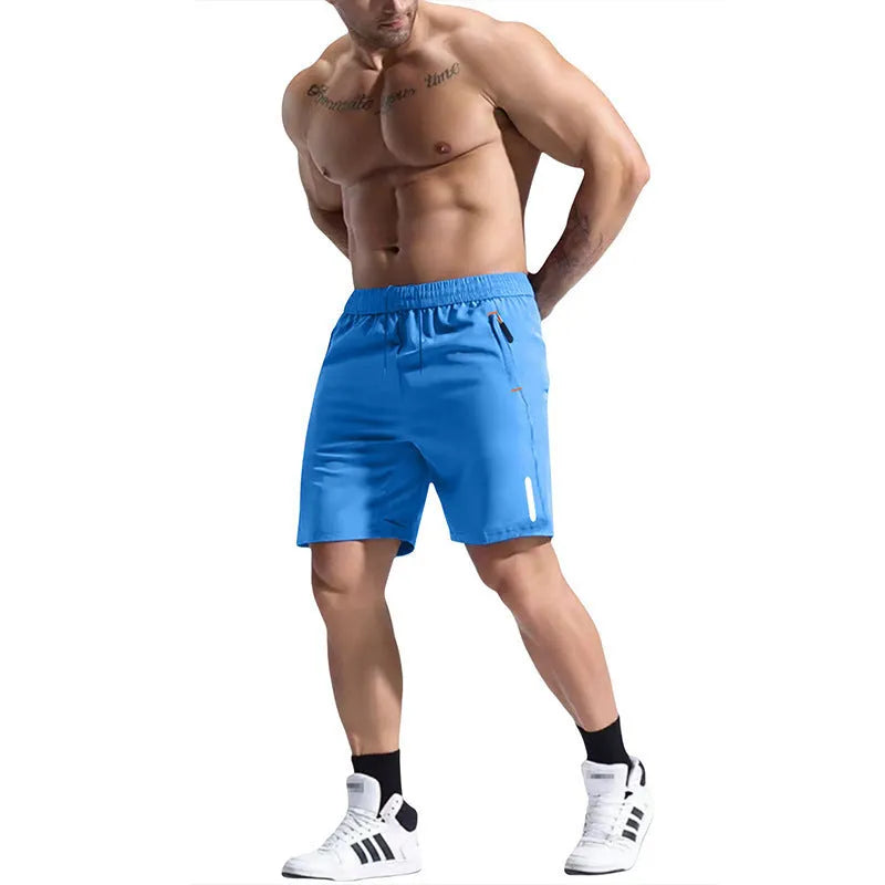 Men's grey elastic waist sports shorts made from bamboo blend fabric on a plain background.