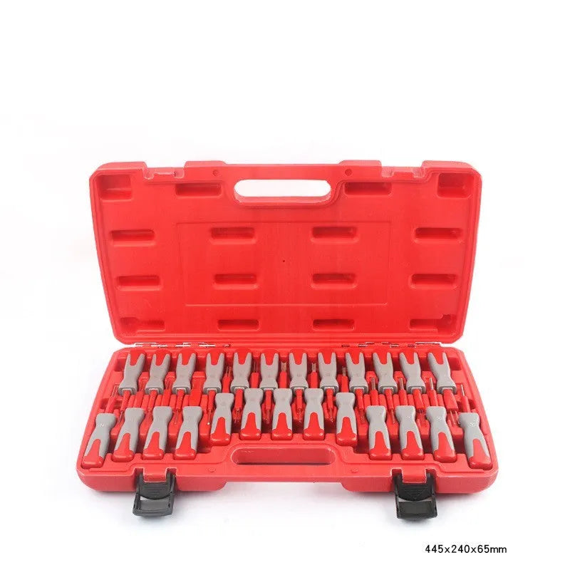 25-piece car terminal removal tool kit in a blue plastic storage organiser with colour-coded handles.