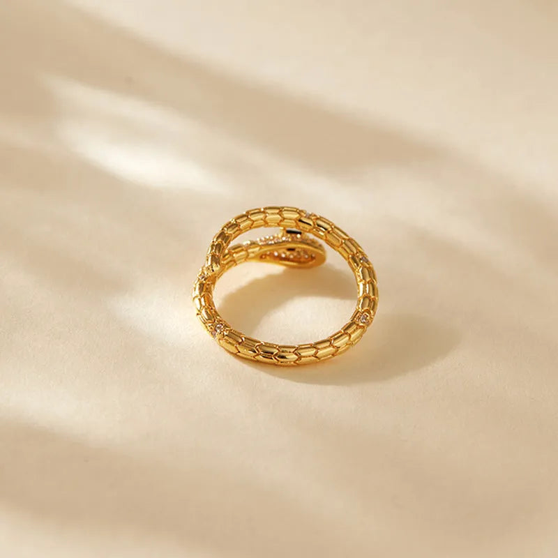 Adjustable copper snake ring with open mouth design and 18K gold colour retention