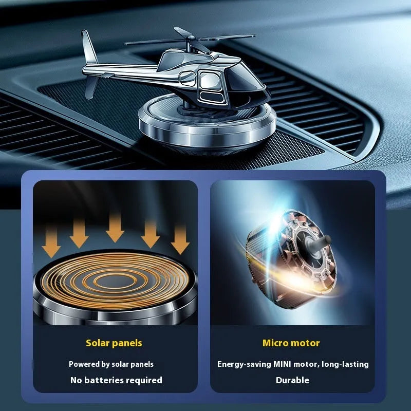 Metal solar helicopter car perfume rotating on dashboard in silver black or blue