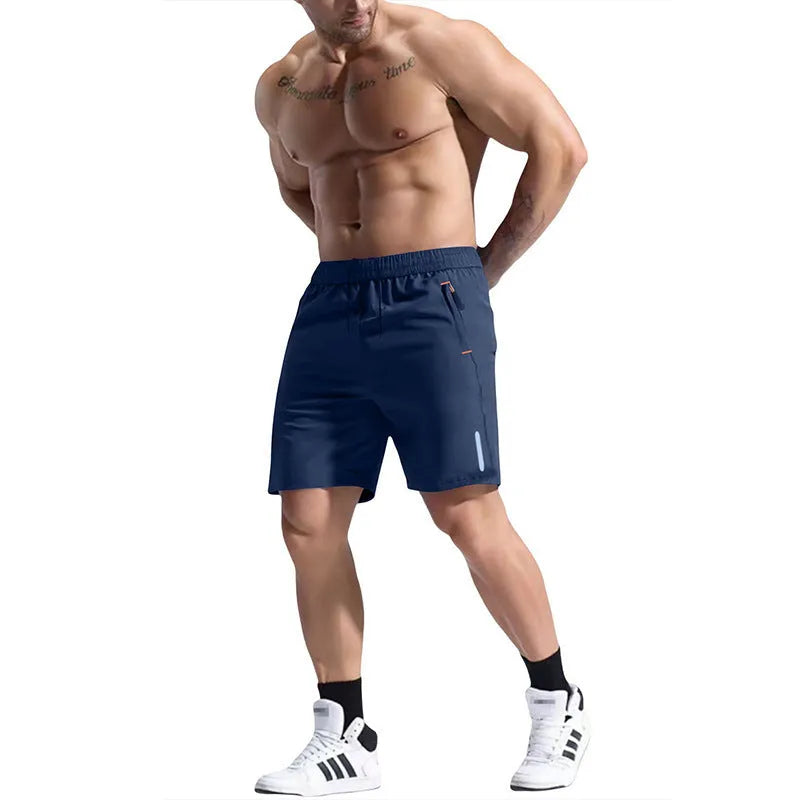 Men's grey elastic waist sports shorts made from bamboo blend fabric on a plain background.