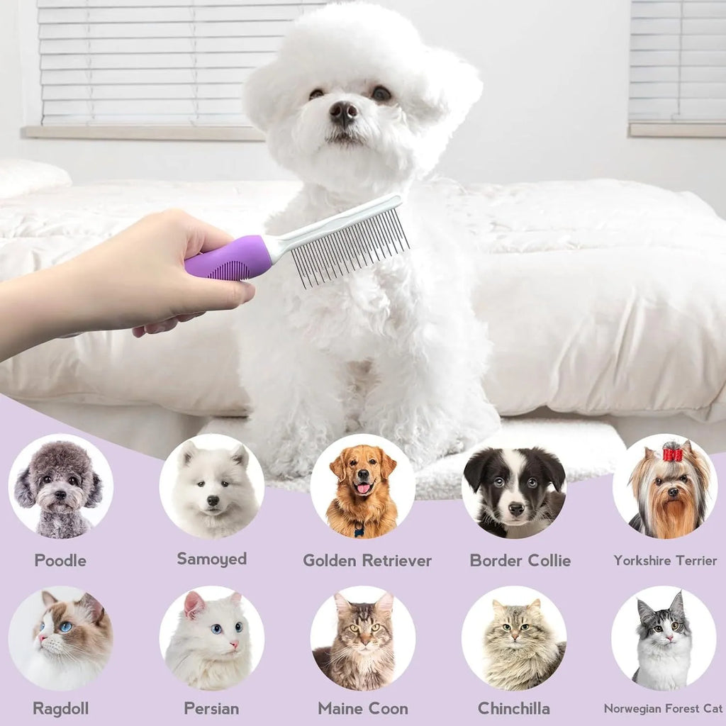Purple pet detangling comb with stainless steel teeth and ergonomic handle.