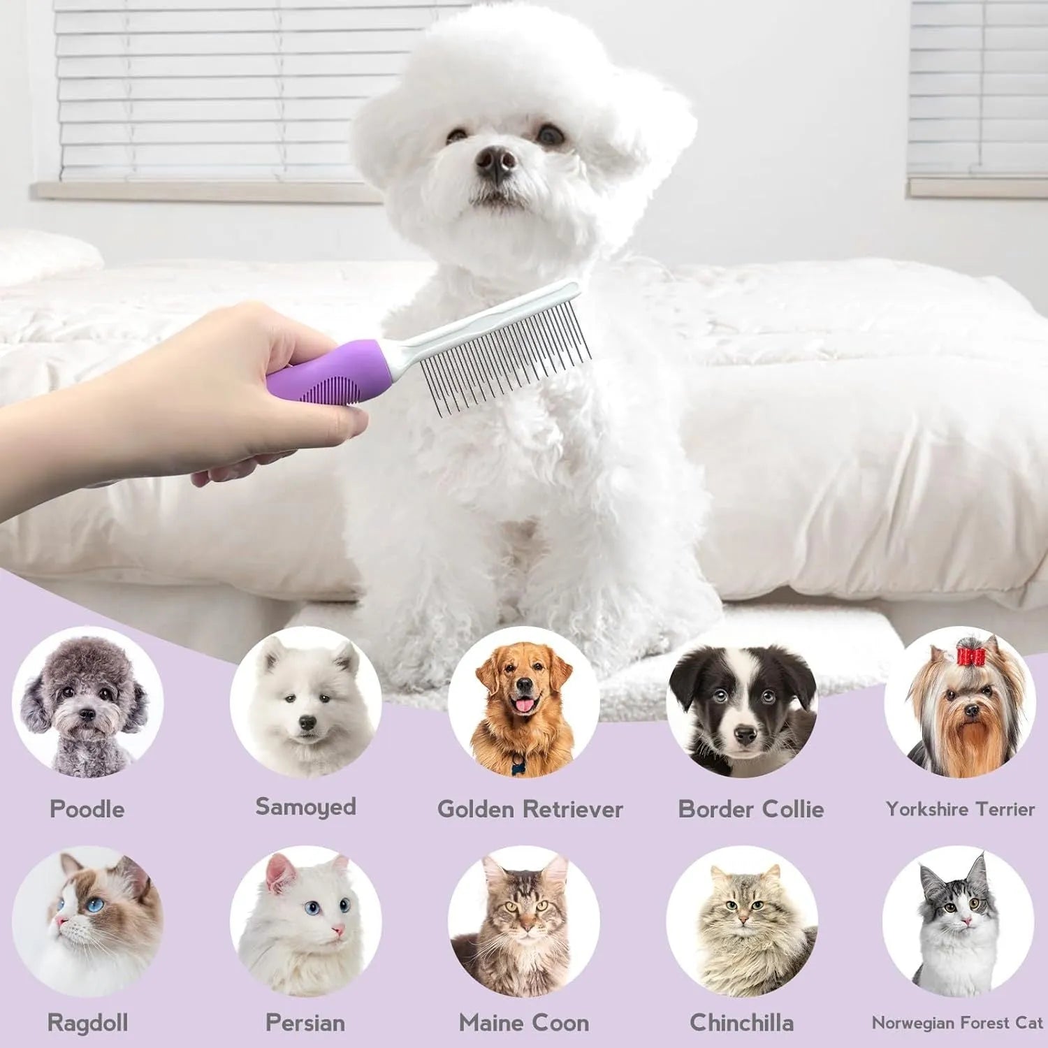 Purple pet detangling comb with stainless steel teeth and ergonomic handle.