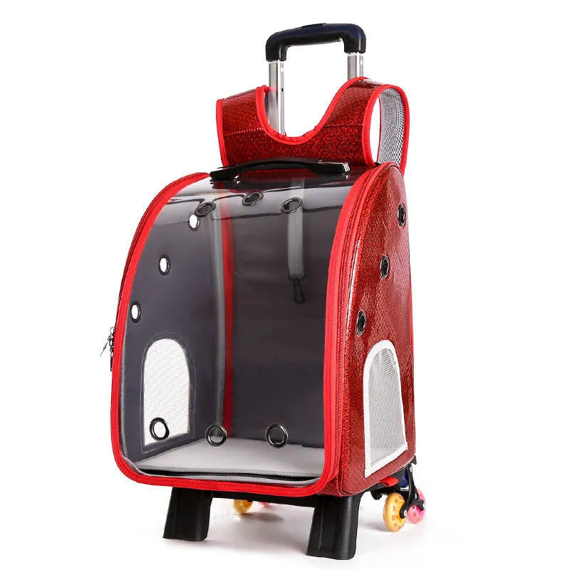 Transparent pet trolley bag with folding shoulder design in Oxford cloth with acrylic viewing cover