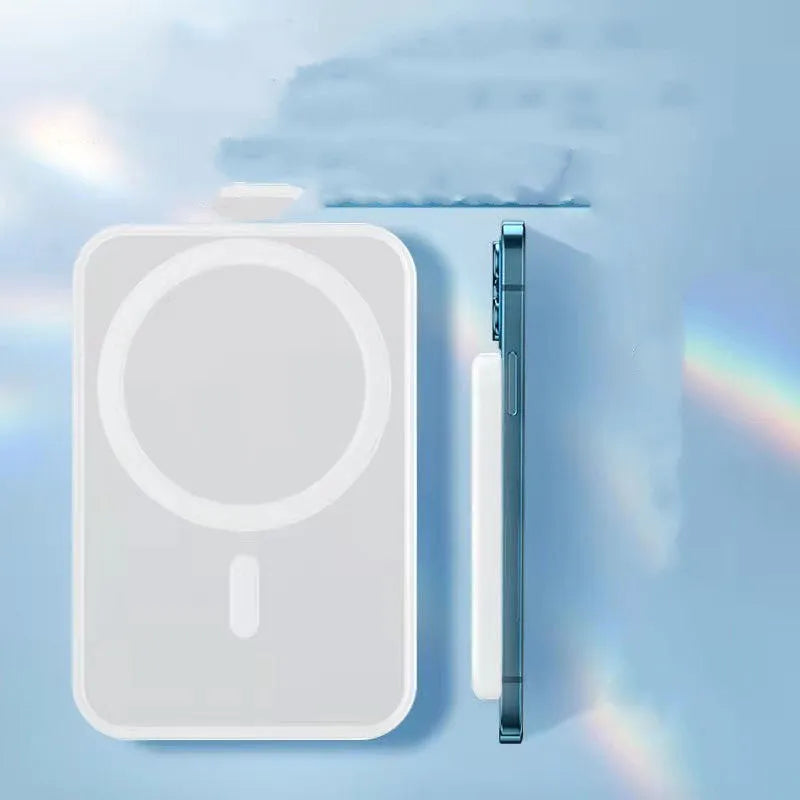 White magnetic wireless charger power bank with 5000mAh capacity and USB-C port