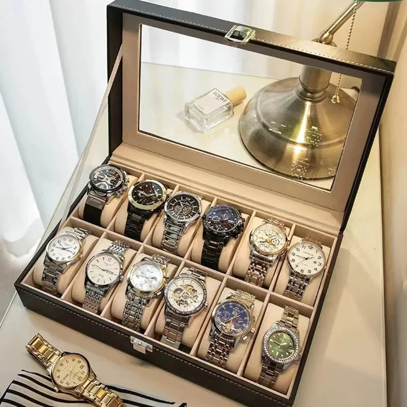 Grey high-grade leather watch storage box with a transparent dustproof lid.