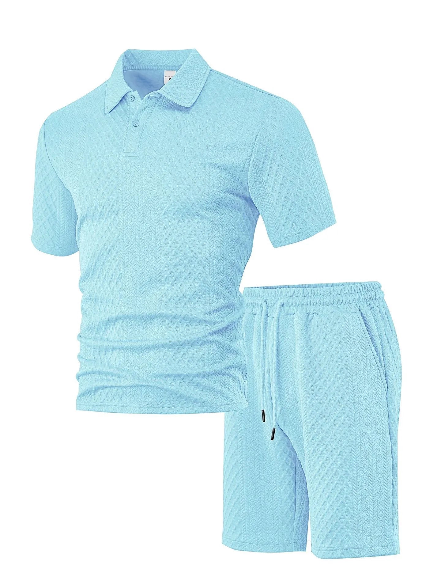 Men's thin figured cloth short sleeve casual suit in navy blue, showing Polo shirt top and trousers