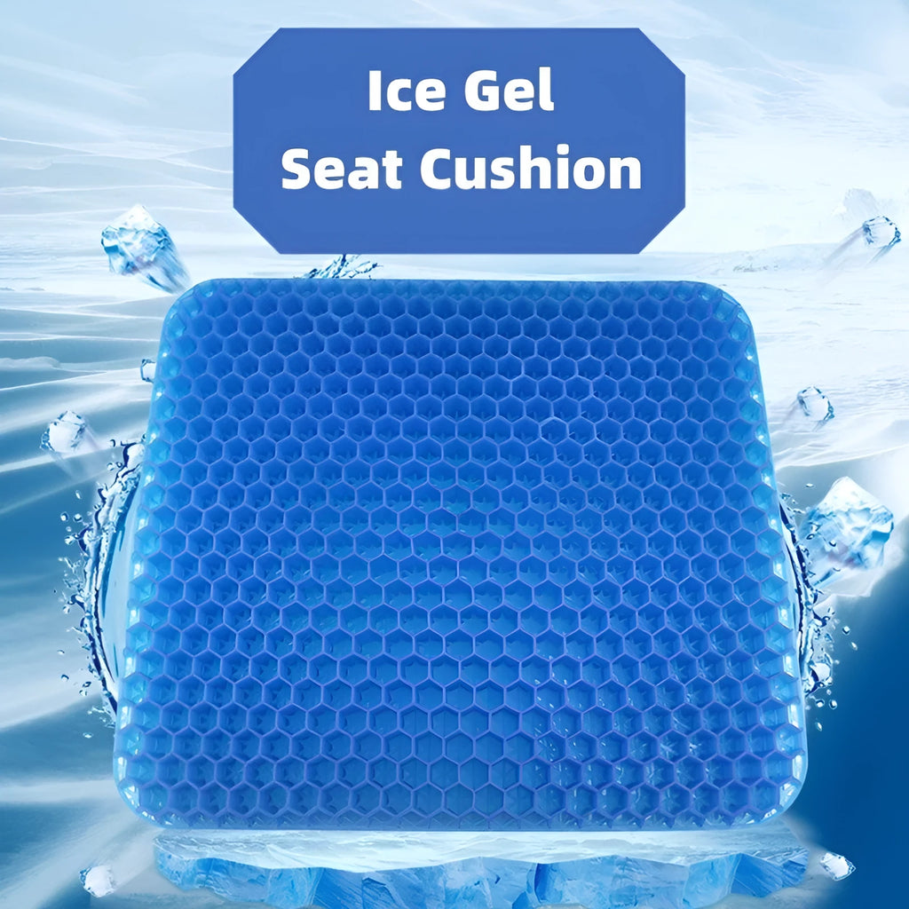 Grey double-thick gel seat cushion with honeycomb pattern, showing removable PVC cover.