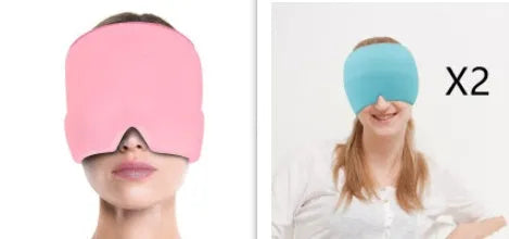 Black elastic cloth gel cold therapy eye mask for headache relief on grey background.