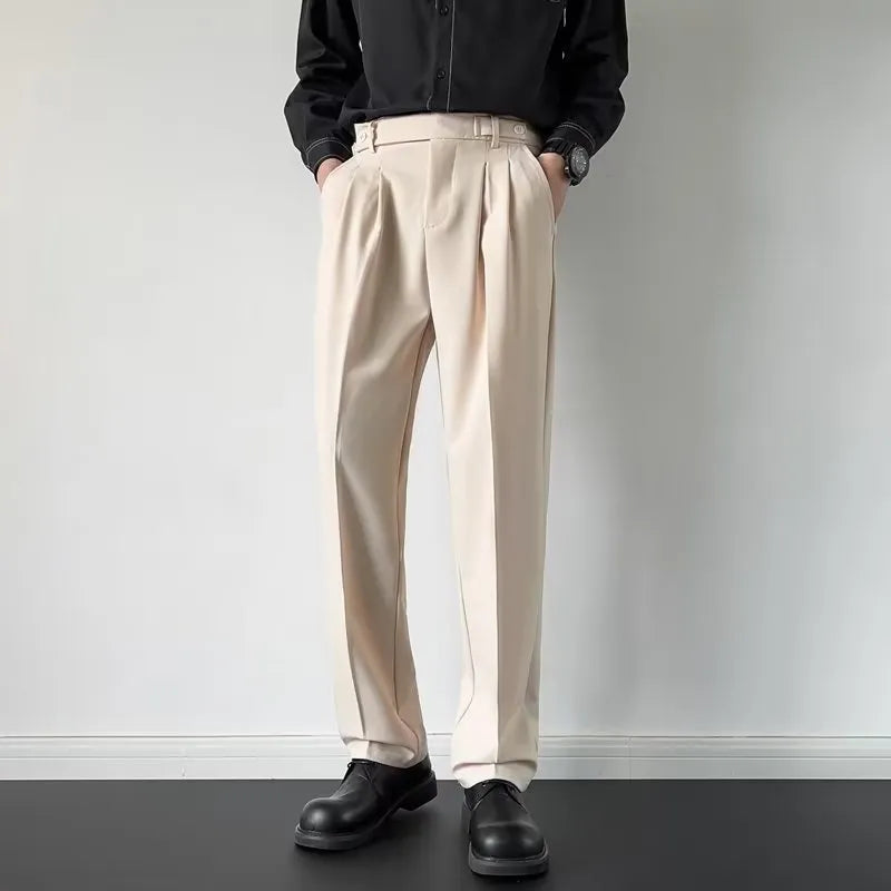 Men's apricot and black straight loose fit suit pants made from polyester fibre.