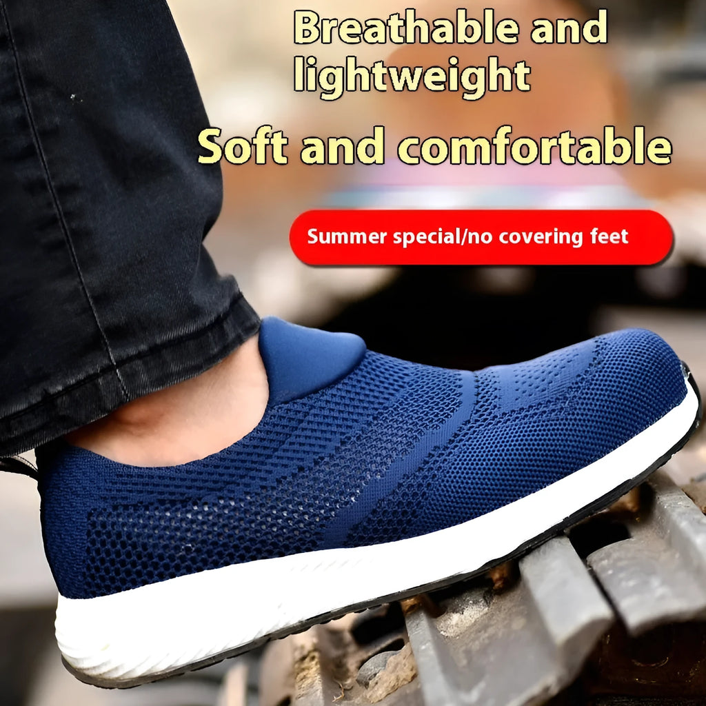Men's black steel toe work shoes with mesh upper for industrial protection