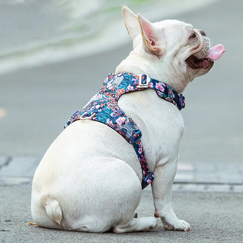 Pure cotton dog harness in a floral pattern, showing the chest strap and pull-resistant design.