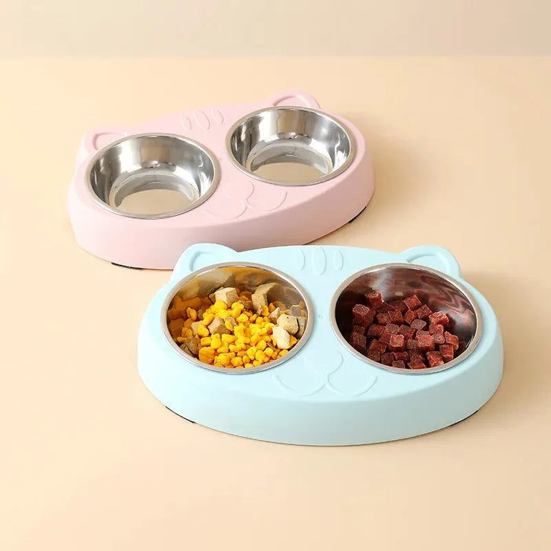 Blue macaron-shaped plastic pet feeder with two bowls for cat and dog feeding