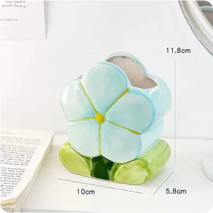 Ceramic flower pen holder storage box with floral design for desktop organisation