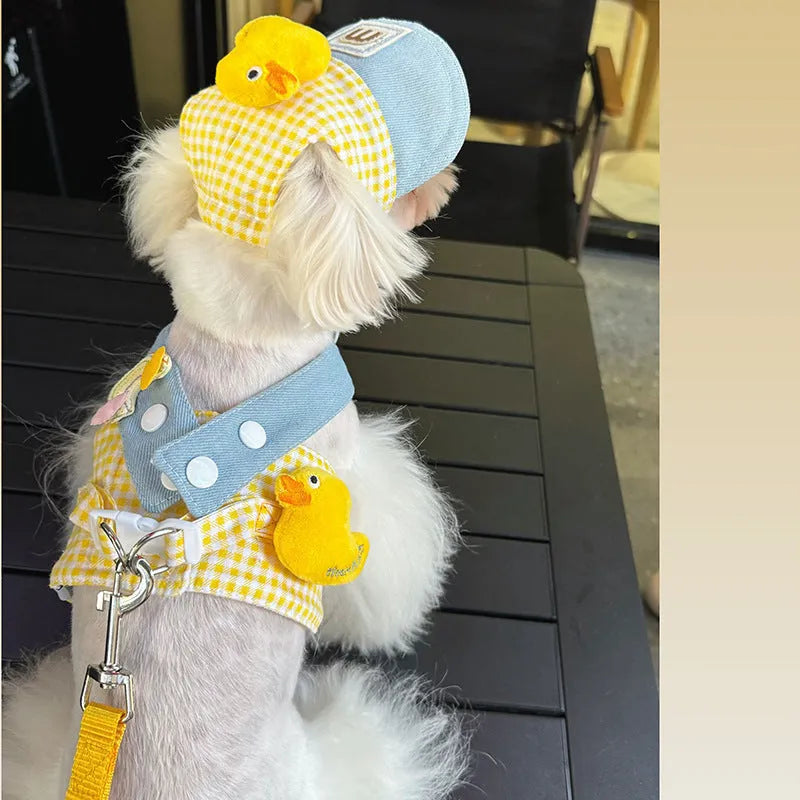 Pet harness leash set with cute hat, wire rope pulling rope, and cat clothes for dogs and cats