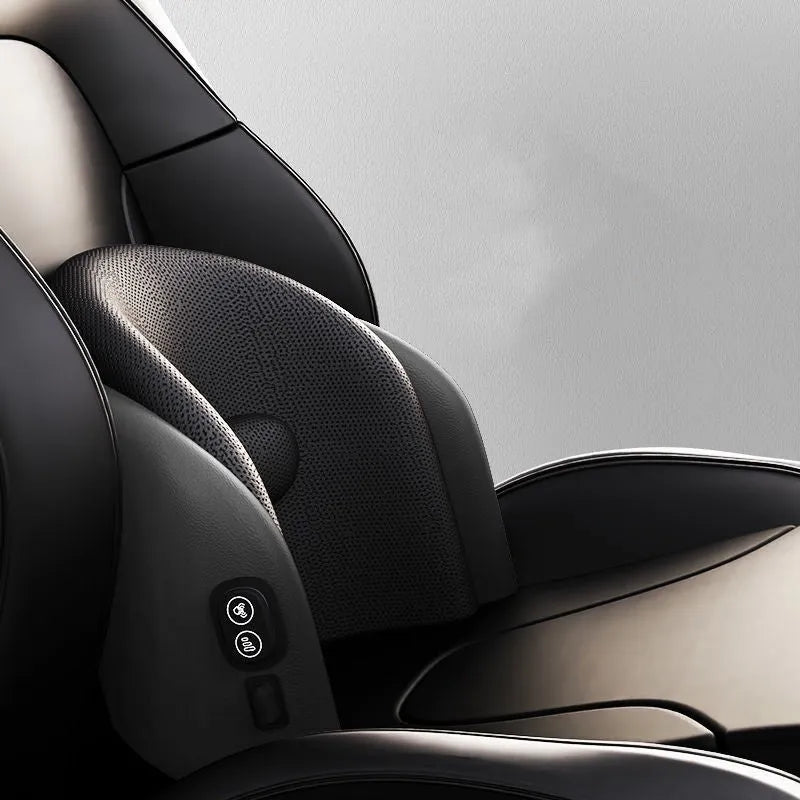 Car seat electric massage cushion and headrest in memory foam, shown in grey colour.