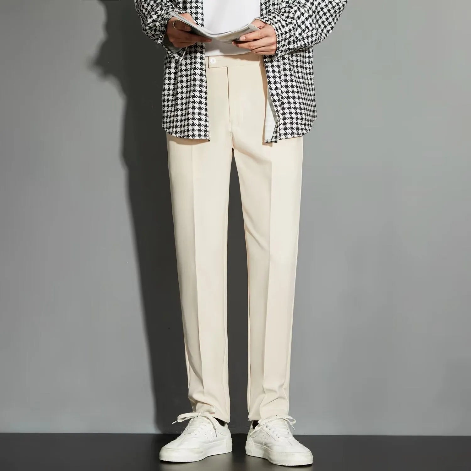 Men's straight ankle-length suit trousers with spring draping effect in chemical fibre blend fabric