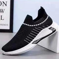 Men's black and white striped mesh sock shoes with lace-up front on a white background