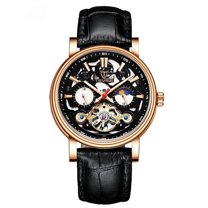 Men's fashion tourbillon mechanical watch with luminous dial on a metal bracelet, showing water resistant case.