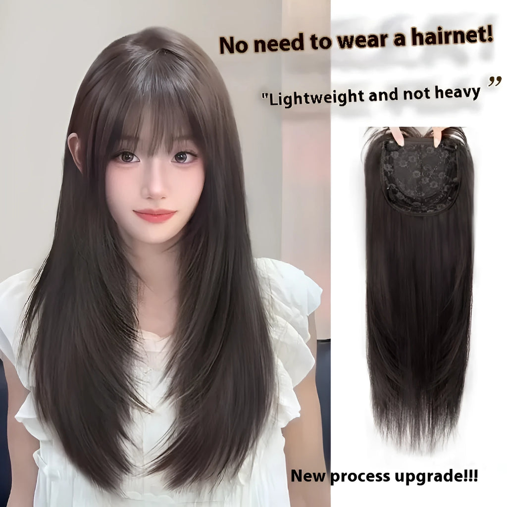 Full-head wear-free hair net wig with long straight high-temperature fibre and layered styling in black colour options