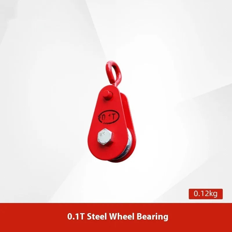 Red forged steel lifting pulley with a safety latch on the hook, for industrial wire rope use.