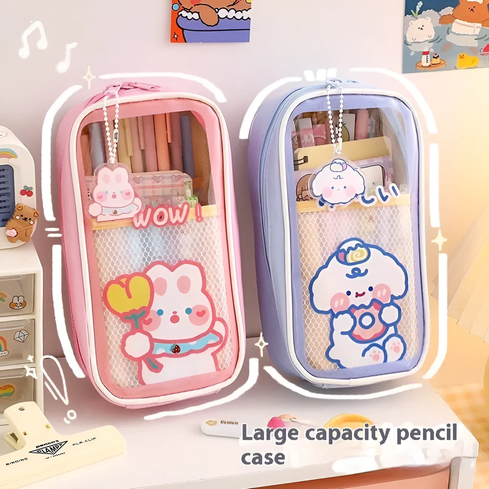 Transparent cartoon pencil case showing interior storage space with zippered closure