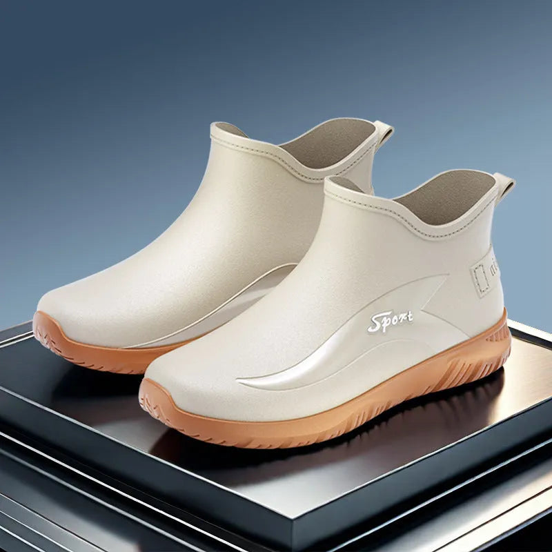 Men's short casual rubber boots in beige with a flat non-slip sole, shown on a plain background.